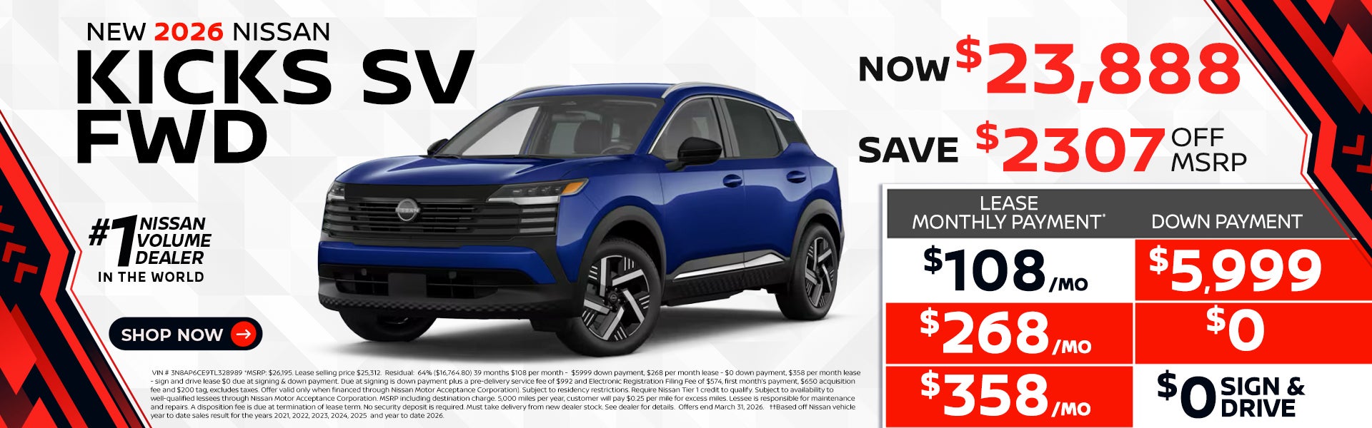 2026 Kicks as low as $108 per month