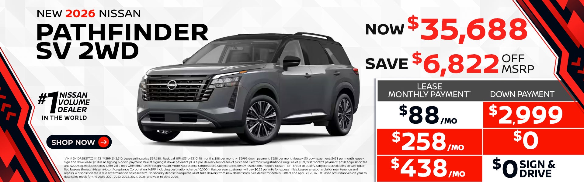 2026 Nissan Pathfinder lease as low as $88