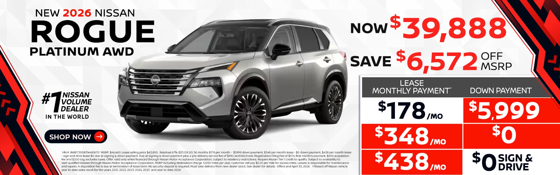 2026 Rogue Platinum lease as $178 per month 