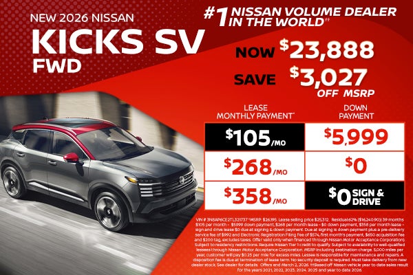 2026 Kicks lease as low as $105 per month