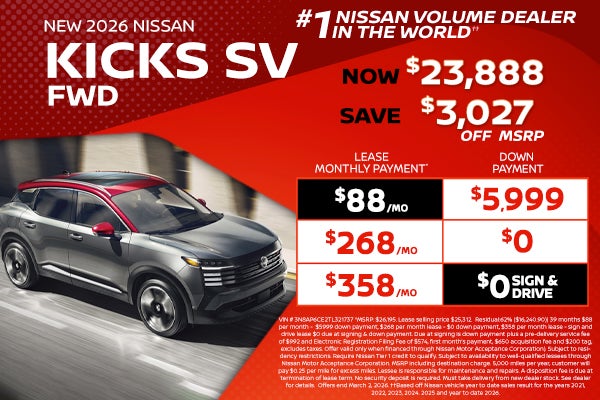 2026 Kicks lease as low as $88 per month