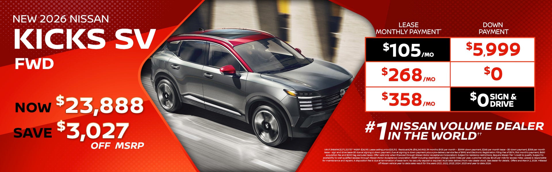 2026 Kicks lease as low as $105 per month