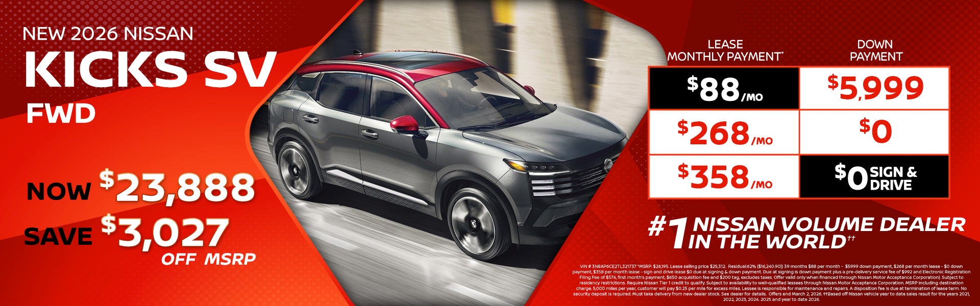 2026 Kicks lease as low as $88 per month