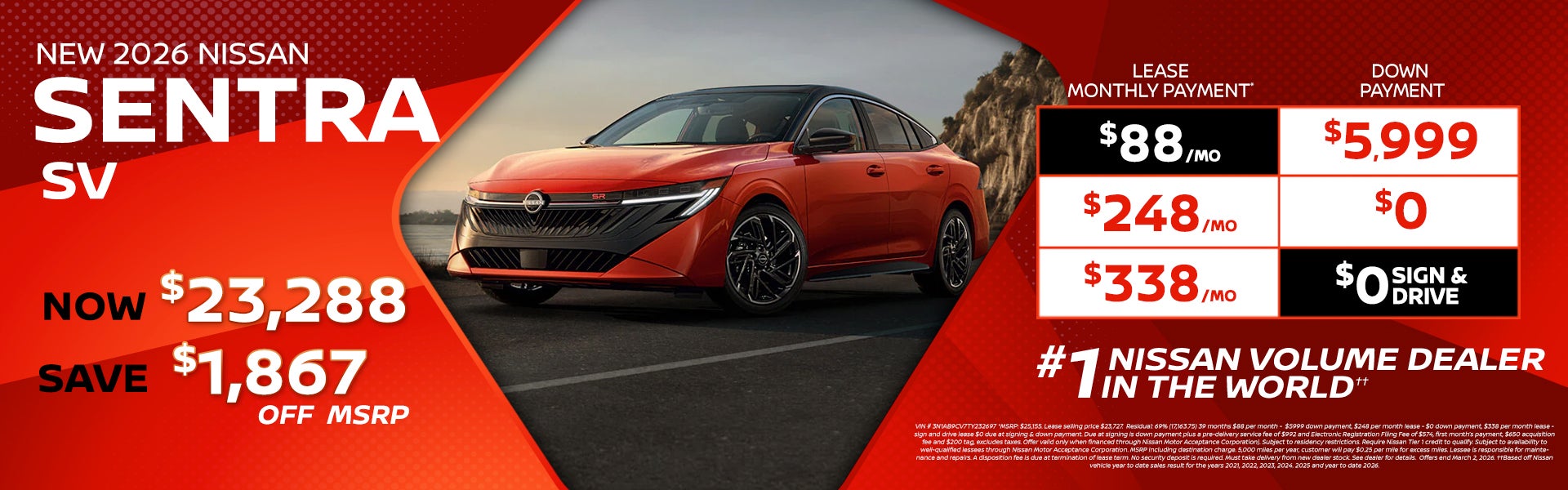 2026 Sentra lease as low as $88 per month