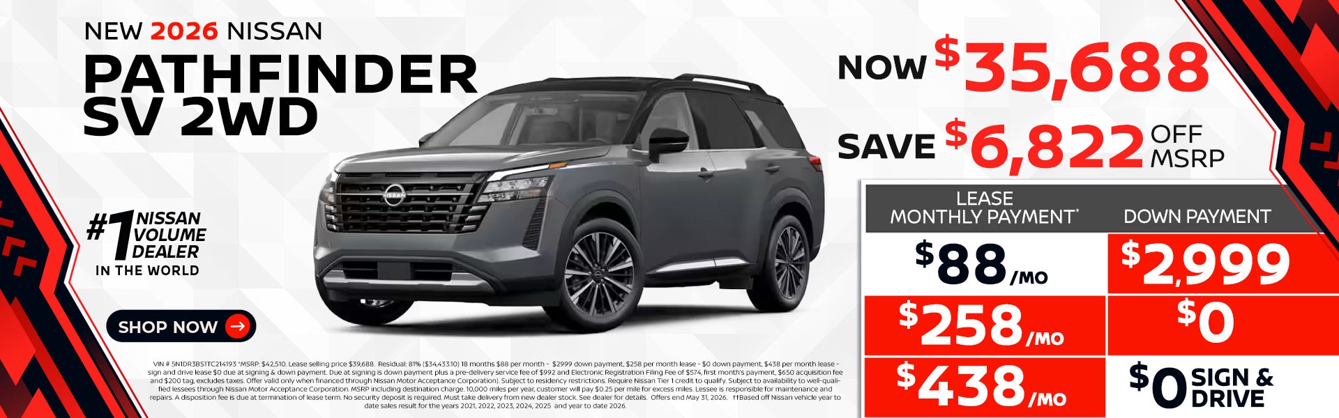 2026 Nissan Pathfinder lease as low as $88