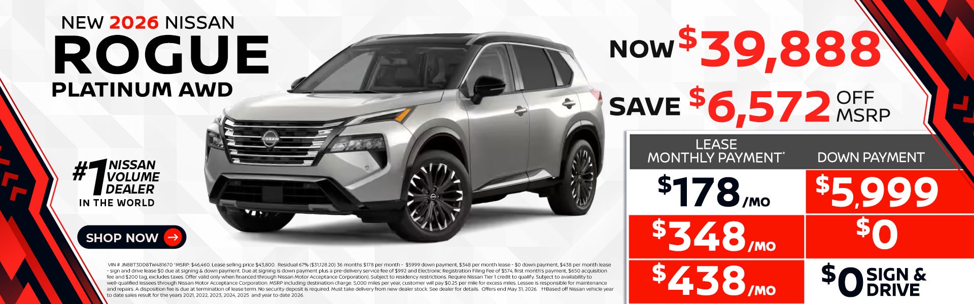 2026 Rogue Platinum lease as $178 per month 