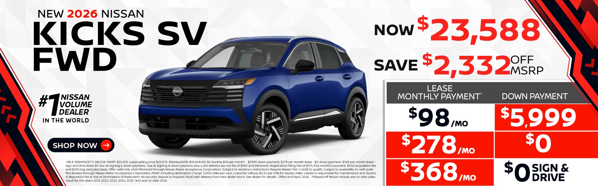 2026 Kicks lease as $98 per month 